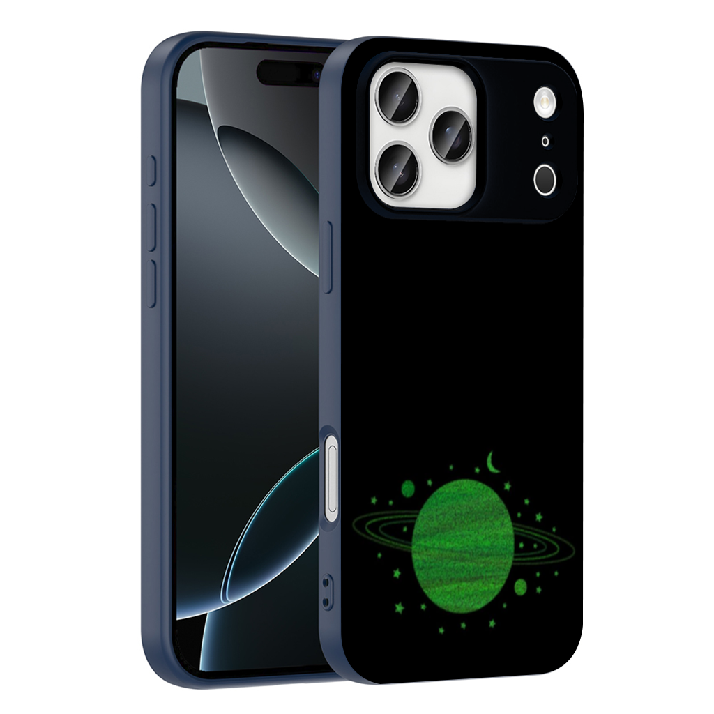 Green planets on a black background. iPhone 17 Pro Max Case
