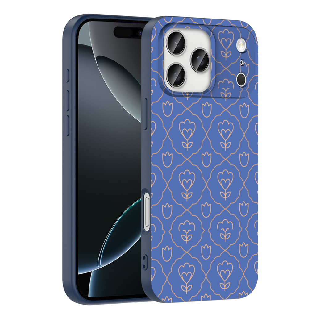 Orange Linear Floral Pattern on Blue iPhone 17 Pro Max Case