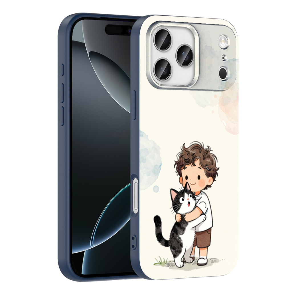 Boy Hugging Tuxedo Cat Charcoal iPhone 17 Pro Max Case