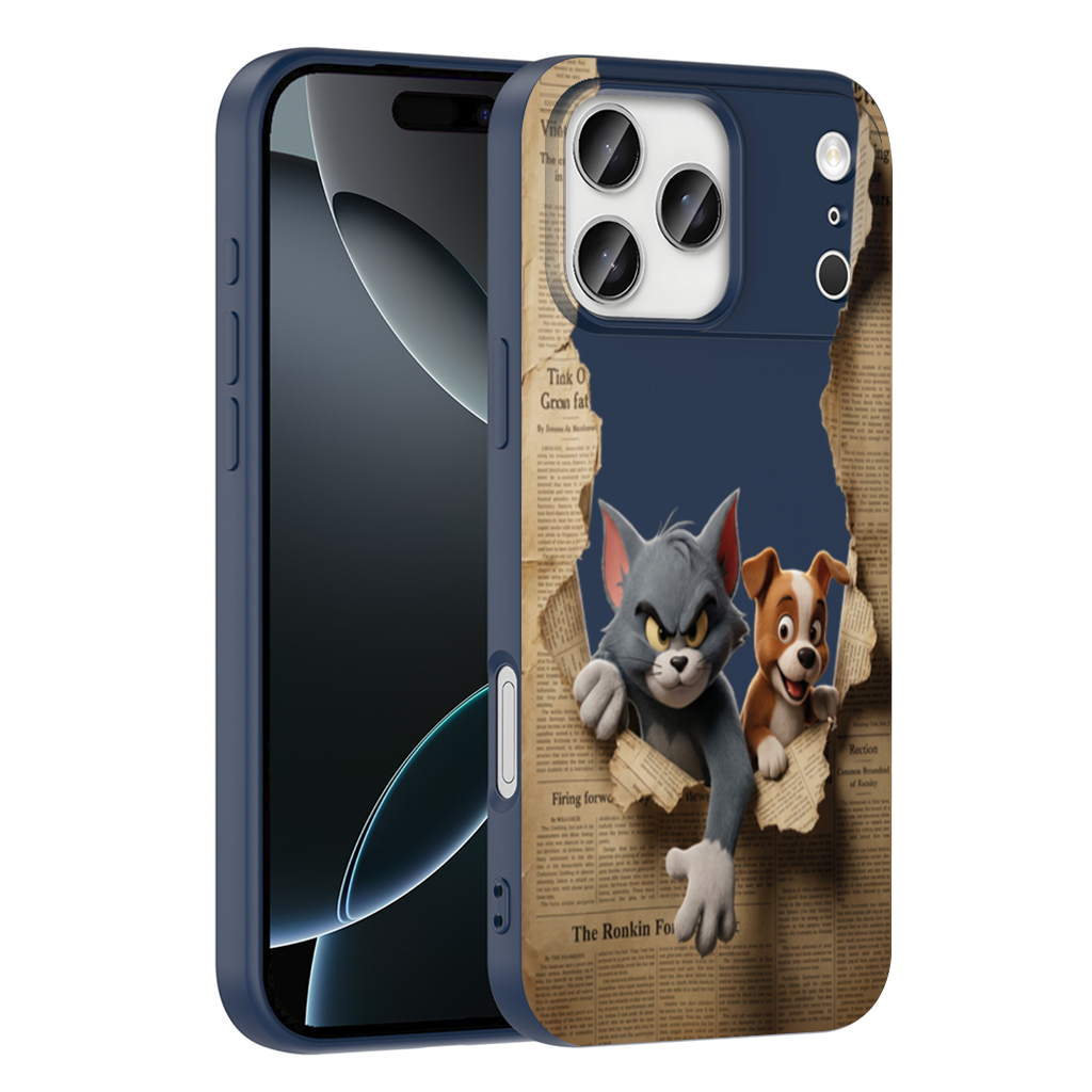 Angry Cat and Happy Puppy Peeking Through Paper iPhone 17 Pro Max Case