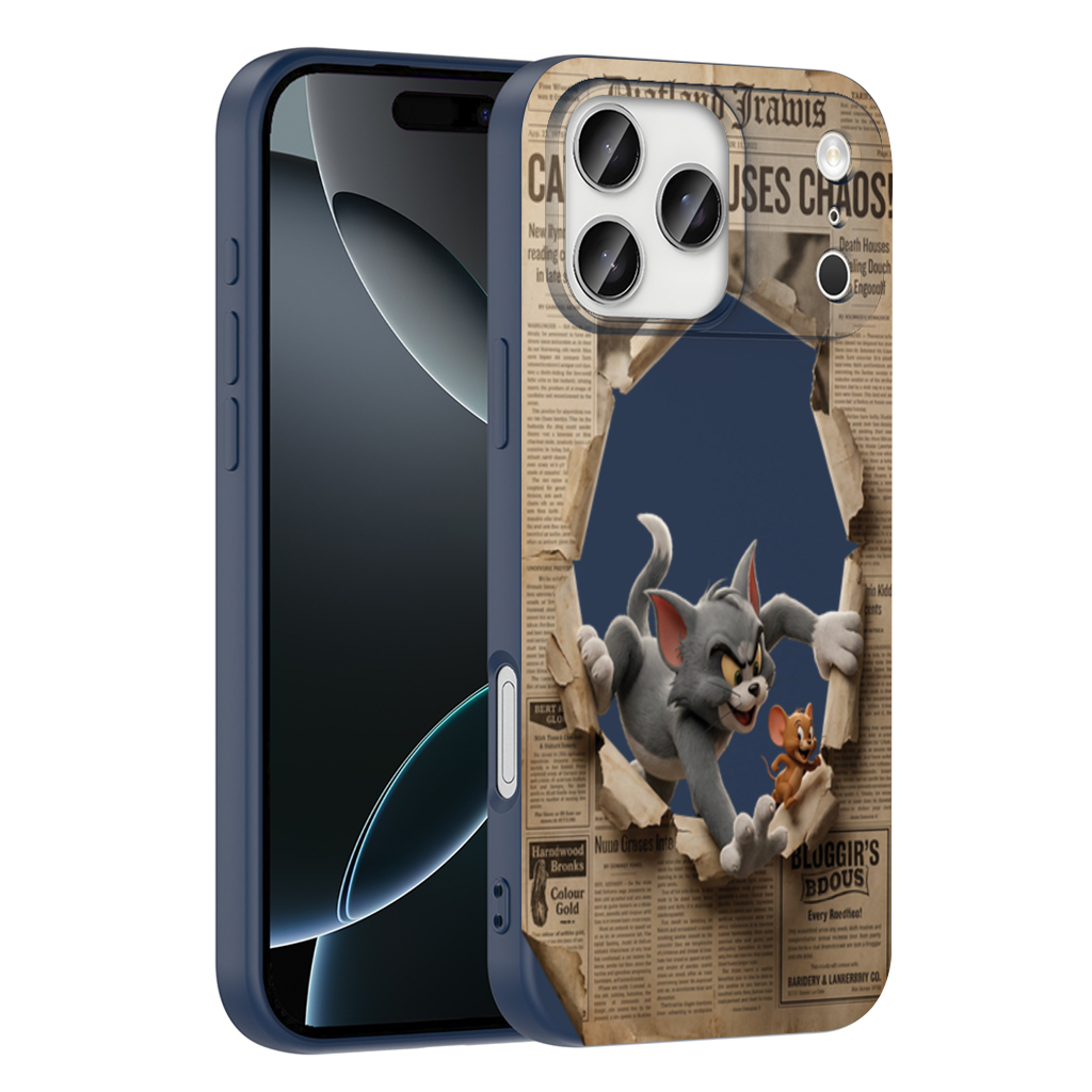 Grey Cat and Tiny Mouse Bursting Newspaper iPhone 17 Pro Max Case