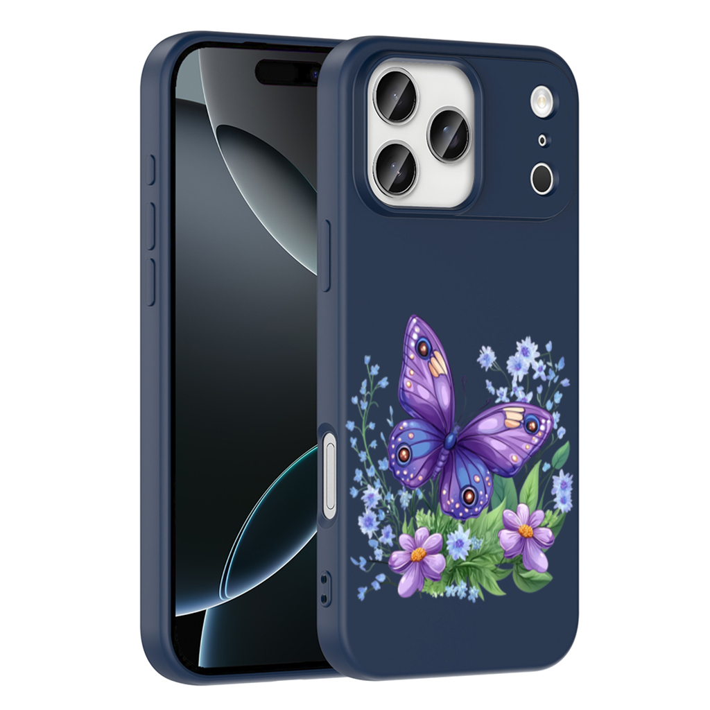 Mor Kelebek ve Mavi Kır Çiçekleri iPhone 17 Pro Max Kılıfı