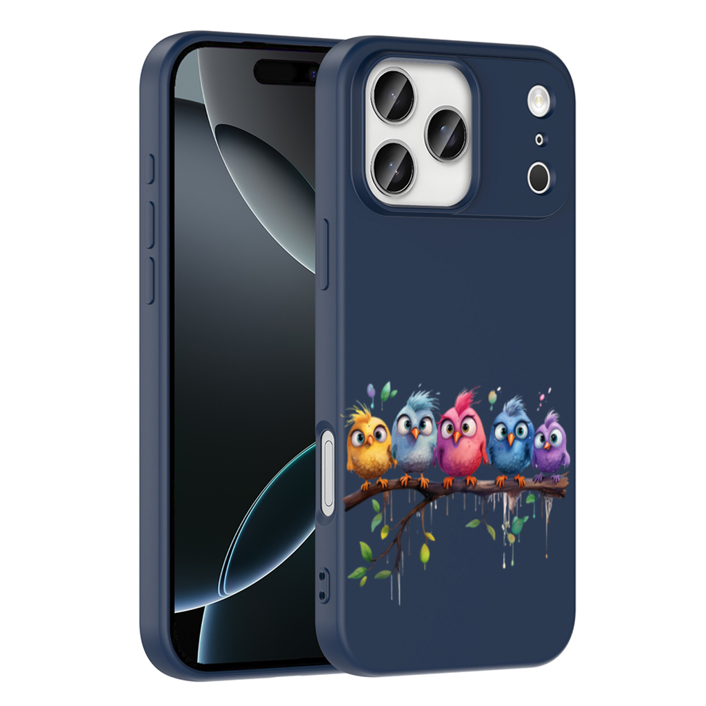 Five Colorful Kawaii Birds on Branch 