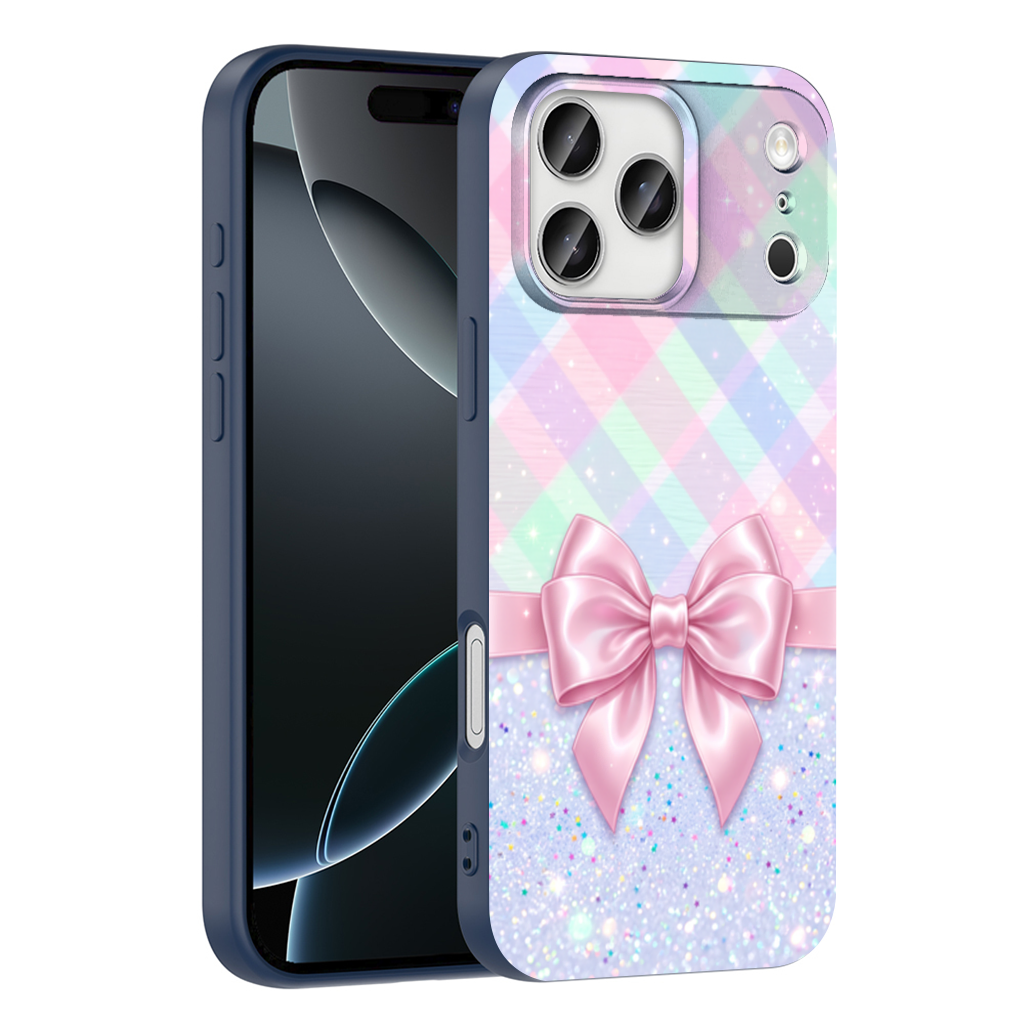 Elegant pink satin bow with pastel plaid background iPhone 17 Pro Max Case