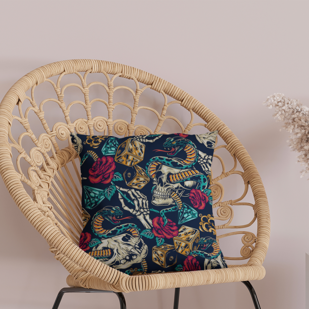 Skull Snake Dice and Roses Pattern Decorative pillow cover