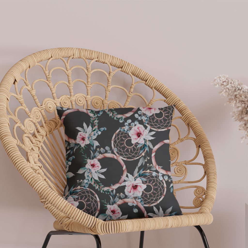 Boho Çiçek ve Dreamcatcher Deseni Dekoratif Kırlent Kılıfı