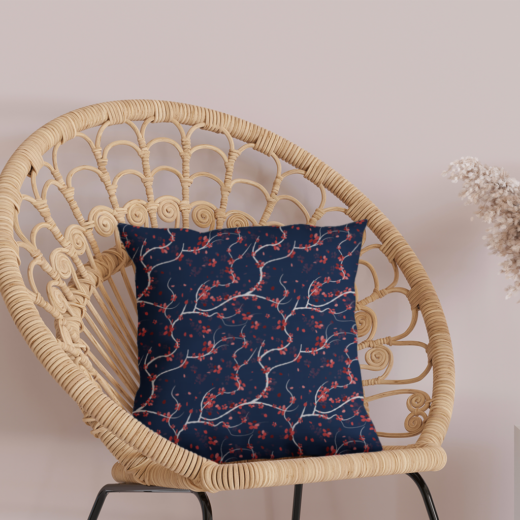 Red Floral Branch Pattern on Navy Background Decorative pillow cover