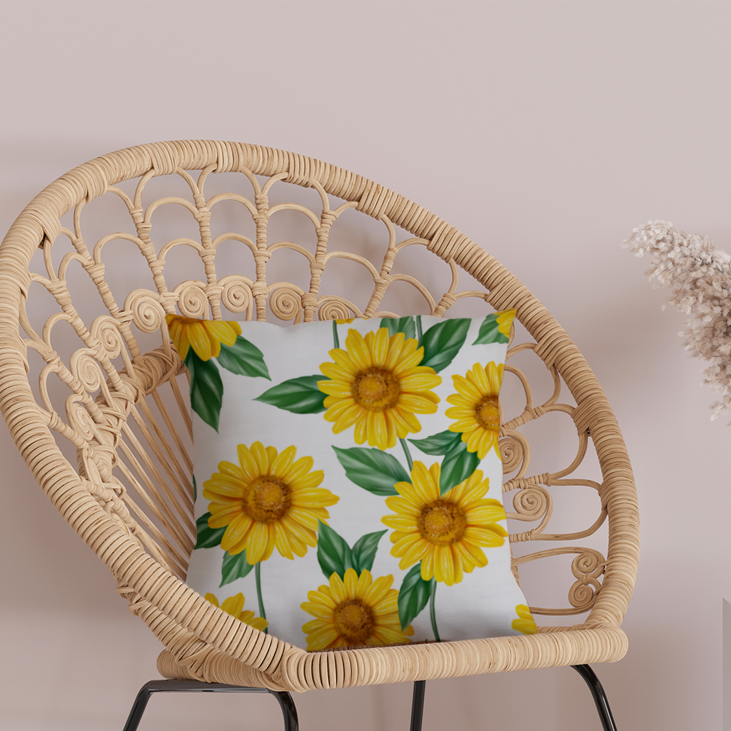 Vibrant Yellow Sunflower and Green Leaf Pattern Illustration Decorative pillow cover