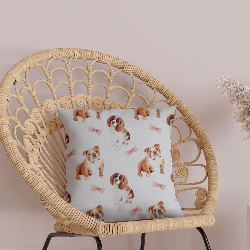 Watercolor English Bulldog and Cavalier Puppy Pattern Decorative pillow cover