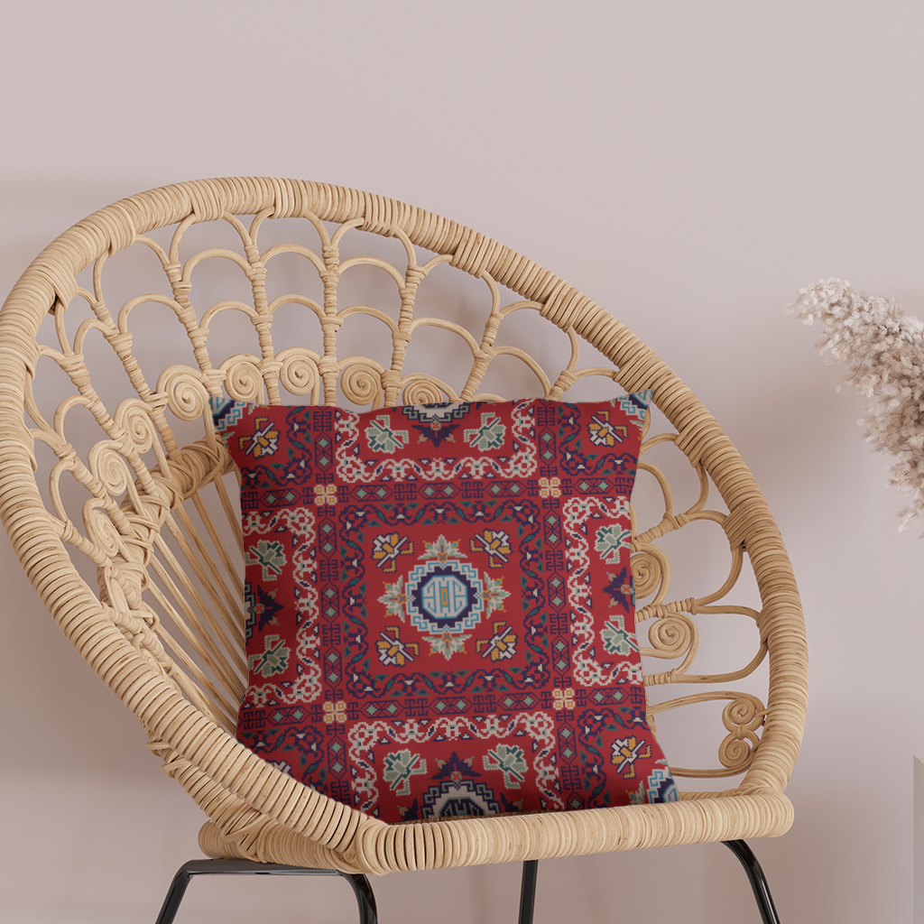 Geleneksel Kilim Motifli Kırmızı Etnik Geometrik Desen Dekoratif Kırlent Kılıfı