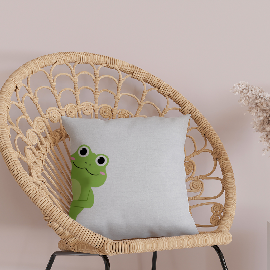 Sevimli Yeşil Kurbağa Peek-a-Boo İllüstrasyonu Dekoratif Kırlent Kılıfı
