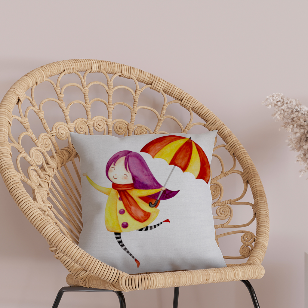 Cheerful Girl with Umbrella Decorative pillow cover
