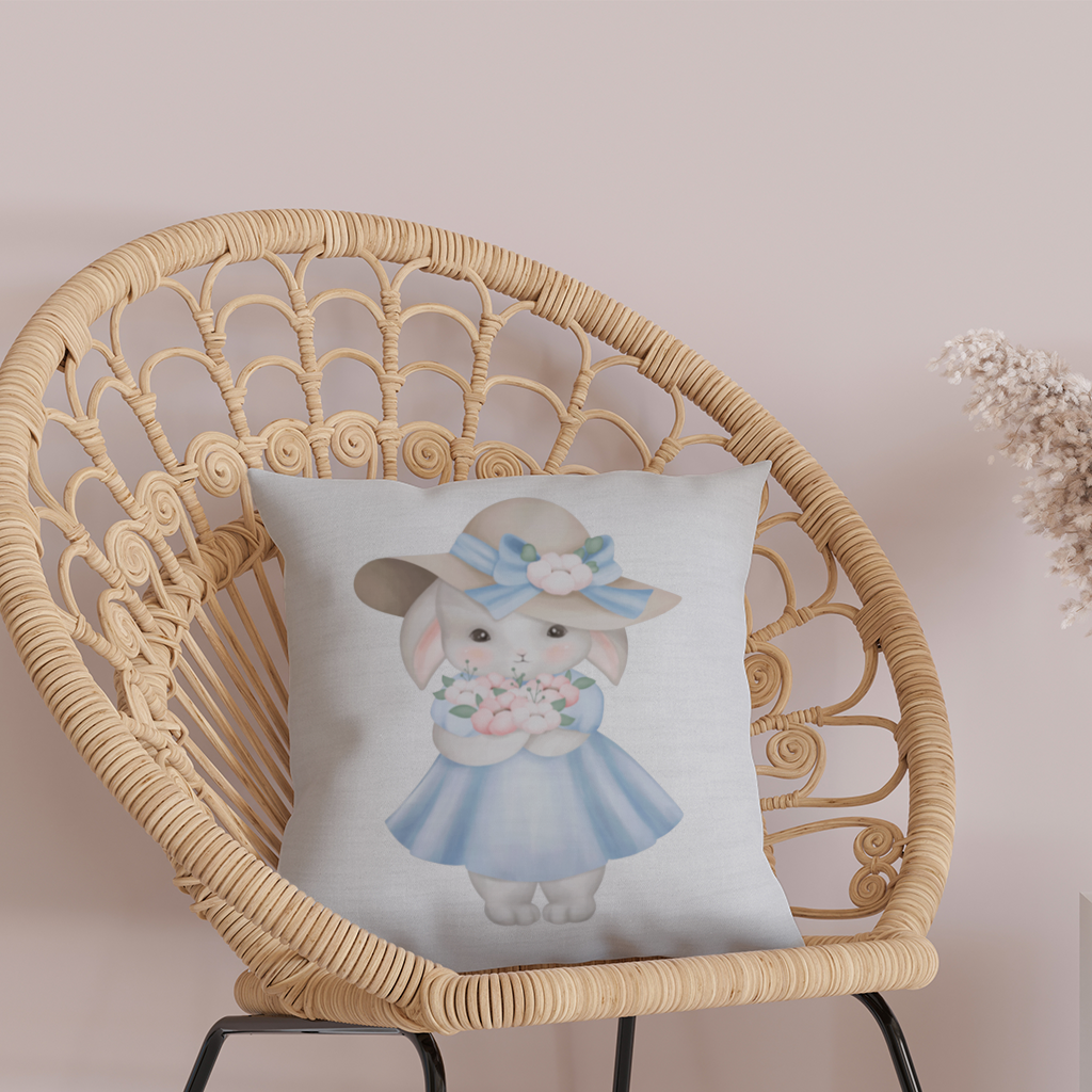 Cute Bunny with Hat Holding Flowers Decorative pillow cover