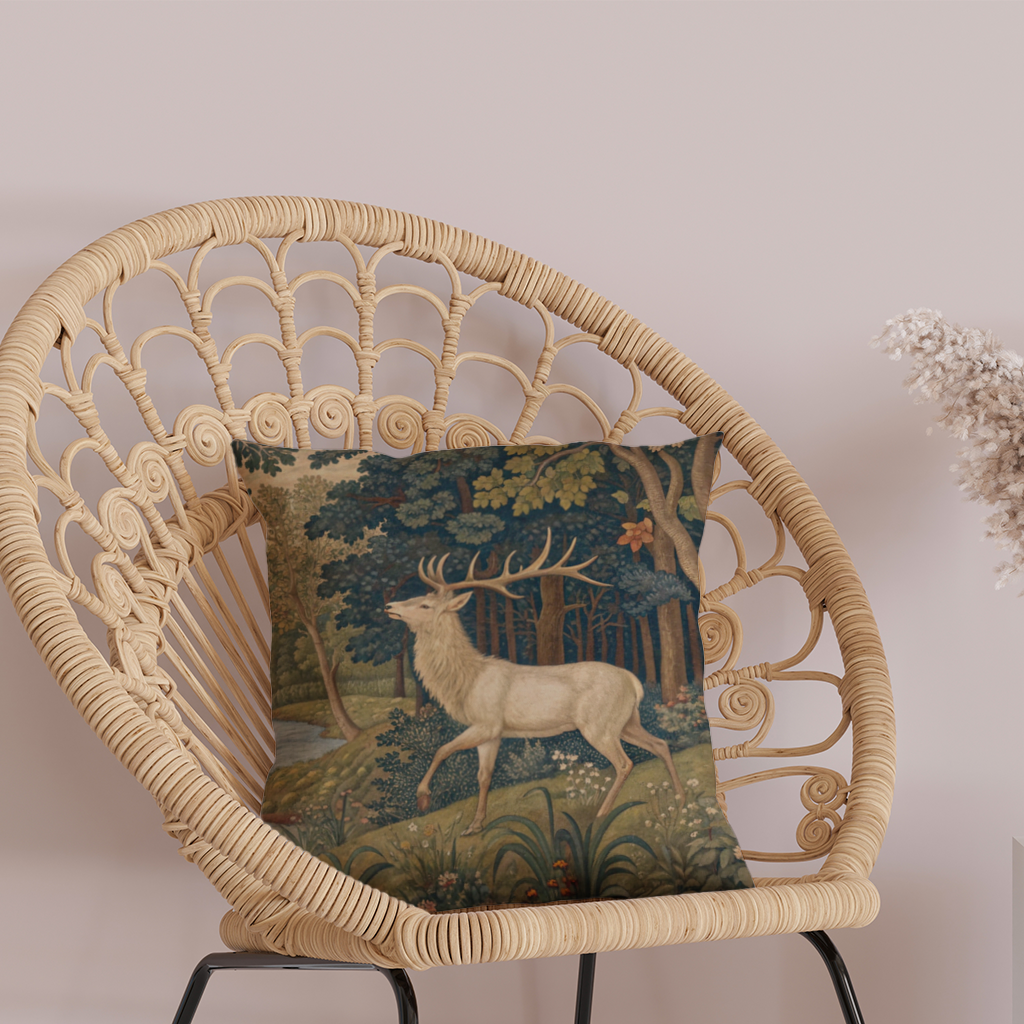 Noble Deer in Forest Landscape Classic Art Illustration Decorative pillow cover