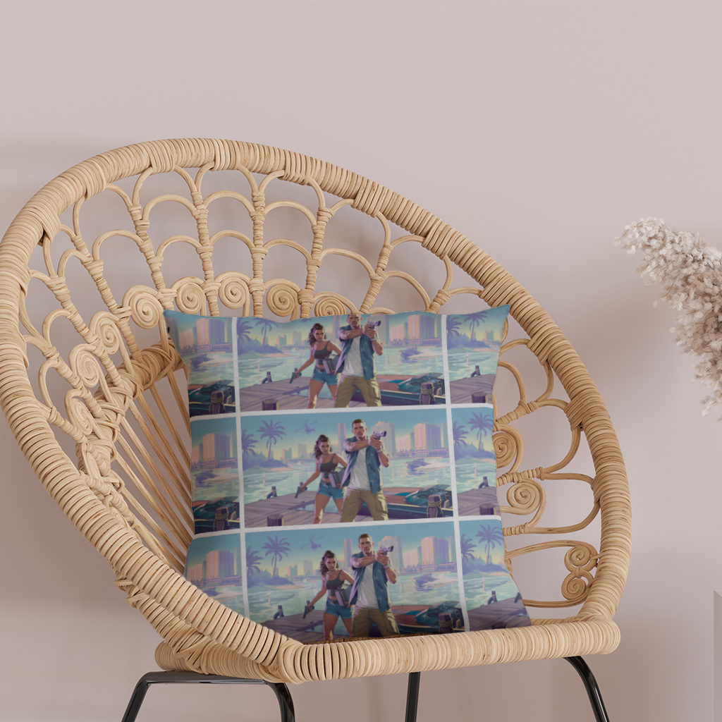 Vice City Çatışması  Tropik Soygun İkilisi Dekoratif Kırlent Kılıfı