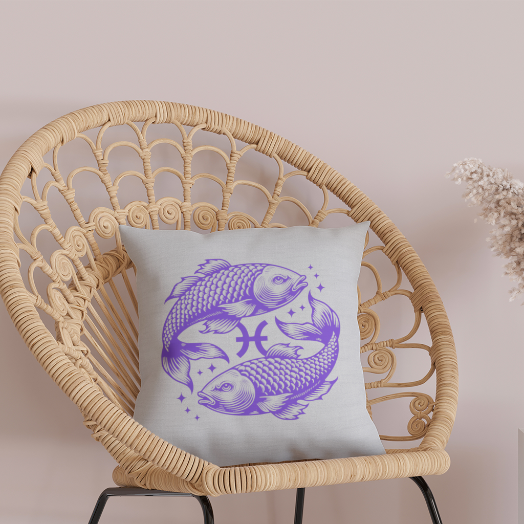Pisces Zodiac Symbol with Purple Fish Art Decorative pillow cover