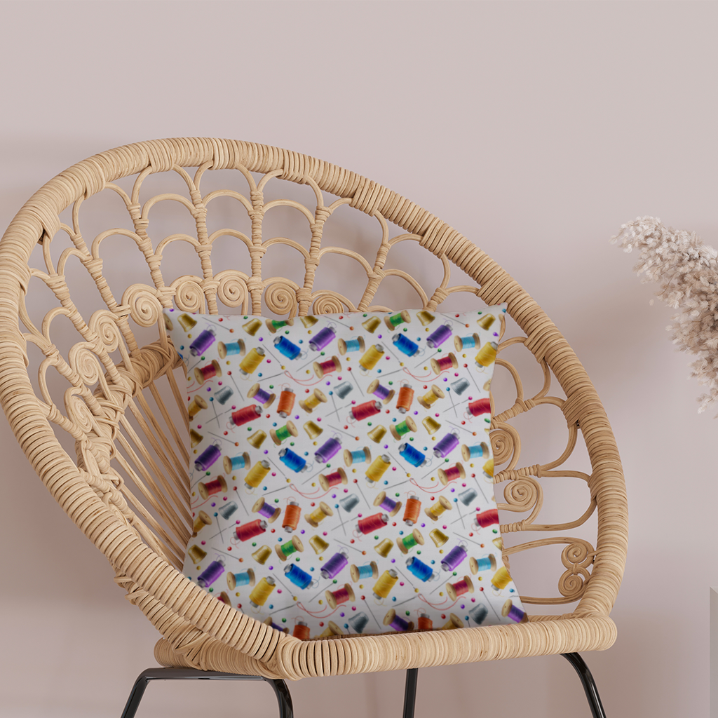 Colorful Thread Spools and Sewing Tools Pattern Decorative pillow cover