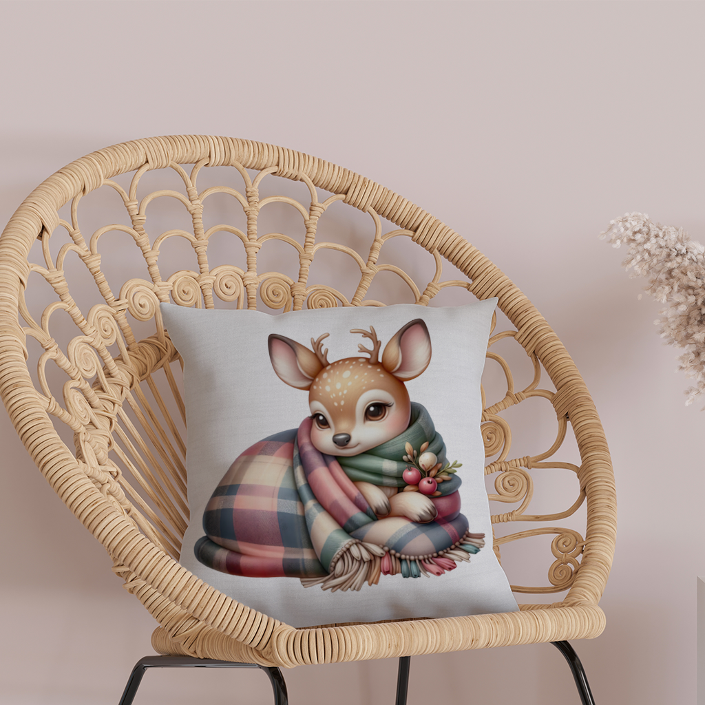 Kawaii Baby Deer with Plaid Scarf Decorative pillow cover