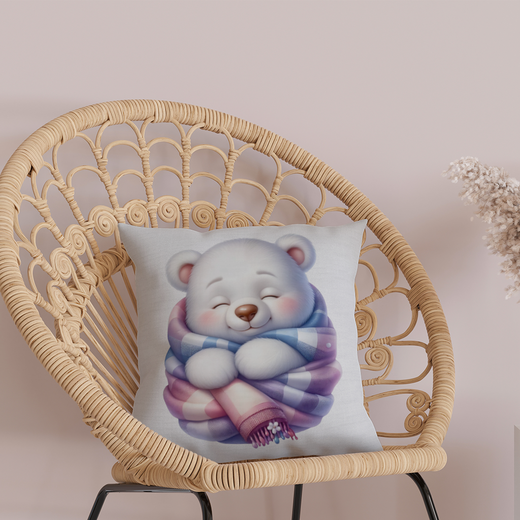 Battaniyeye Sarılmış Uykulu Kutup Ayısı Dekoratif Kırlent Kılıfı