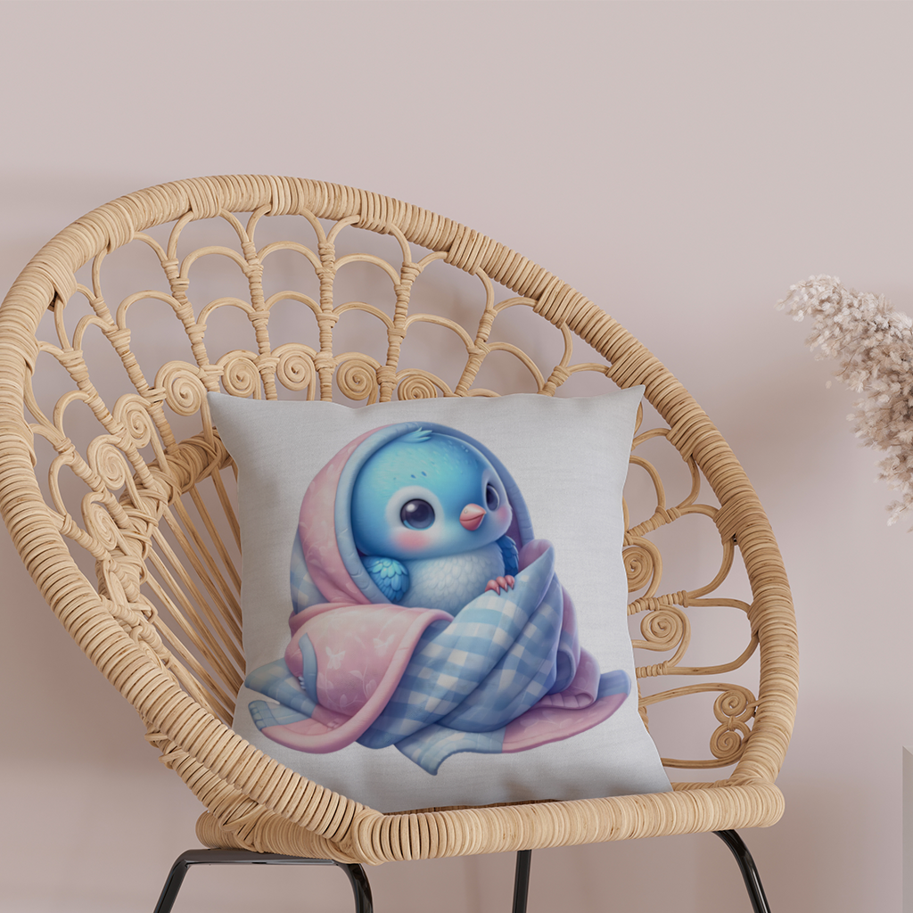 Kawaii Blue Bird in Blanket Decorative pillow cover