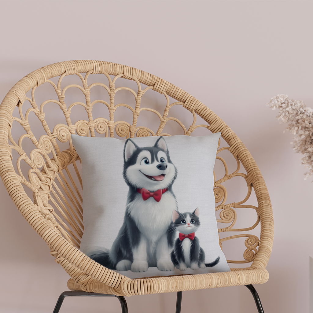 Cute Husky and Kitten with Red Bowties Decorative pillow cover
