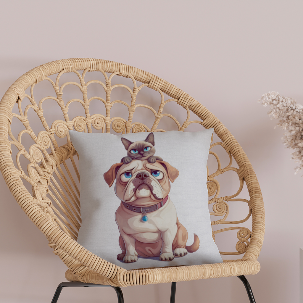 Sad Pug with Siamese Cat on Head Decorative pillow cover