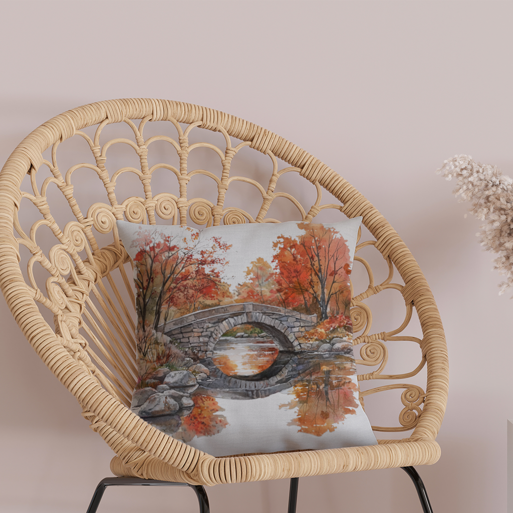 Autumn Stone Arch Bridge Over River Decorative pillow cover