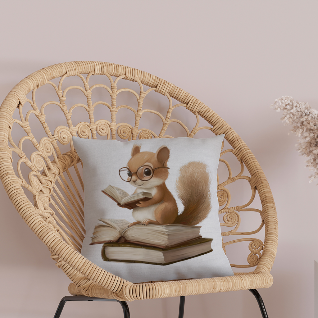 Scholarly Squirrel Reading on Book Stack Decorative pillow cover