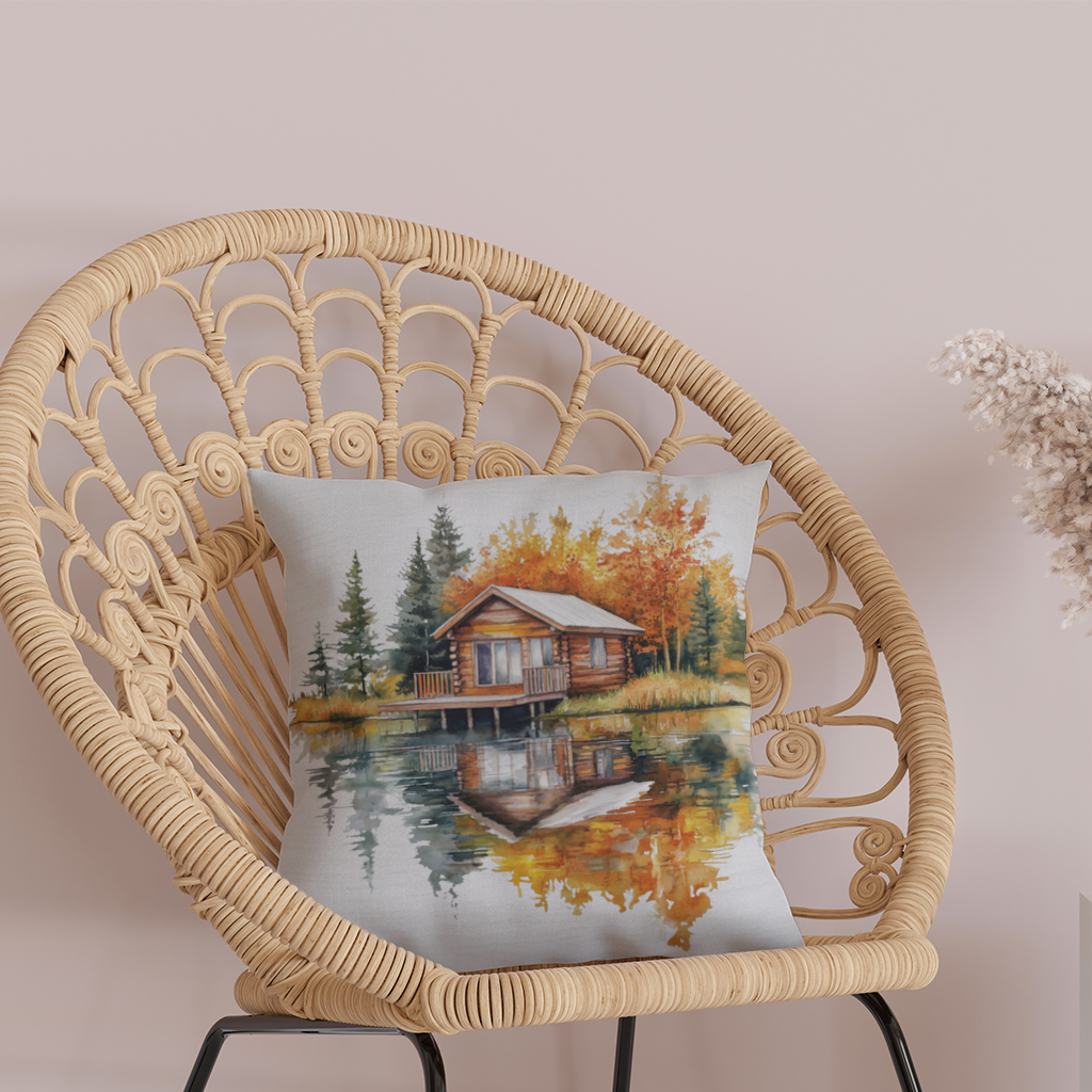 Lakeside Log Cabin Autumn Landscape Decorative pillow cover