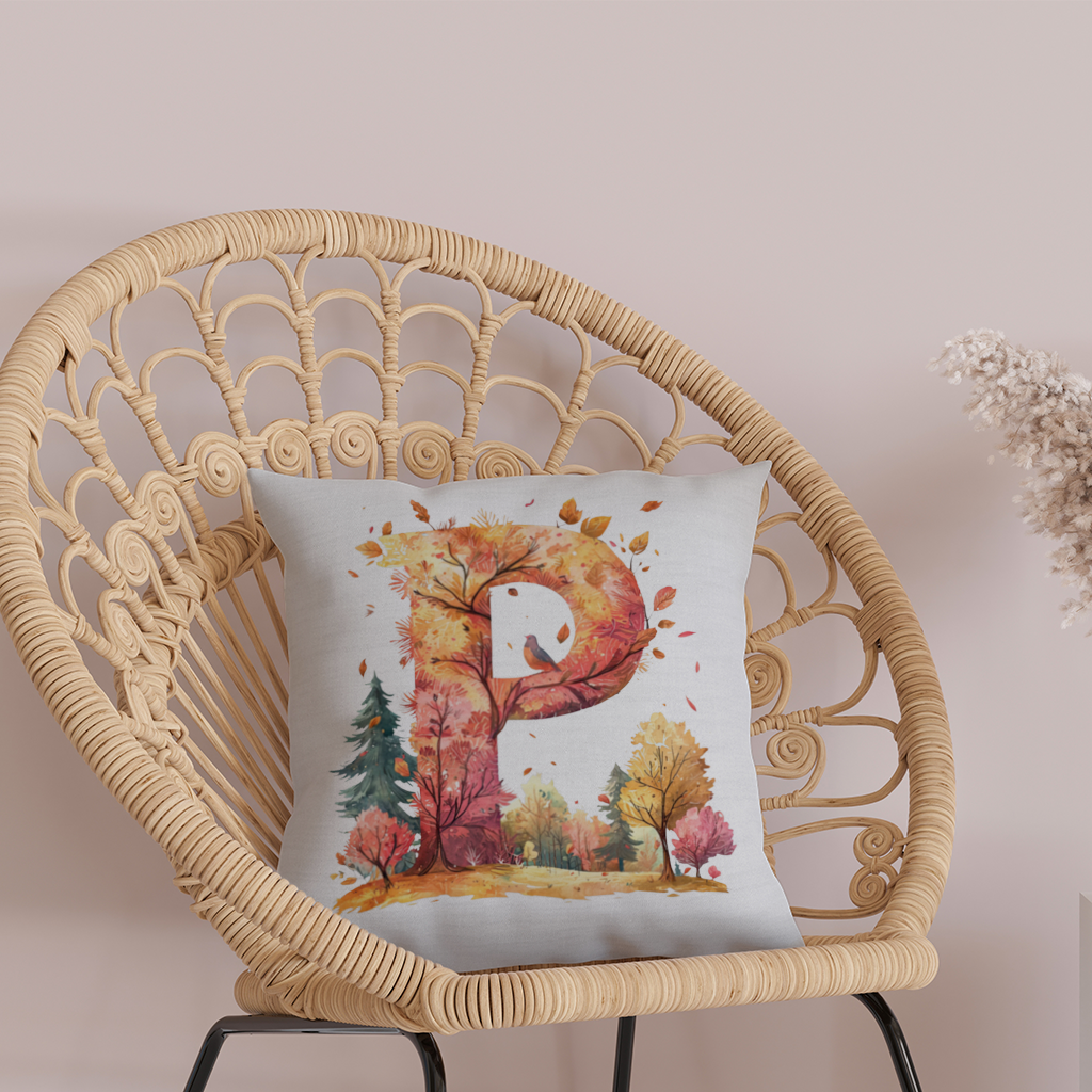 Autumn Forest Letter P with Bird Decorative pillow cover