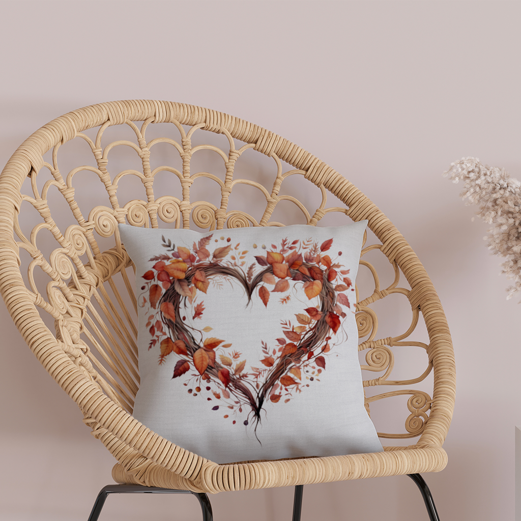 Sonbahar Yapraklarından Kalp Çelenk Dekoratif Kırlent Kılıfı
