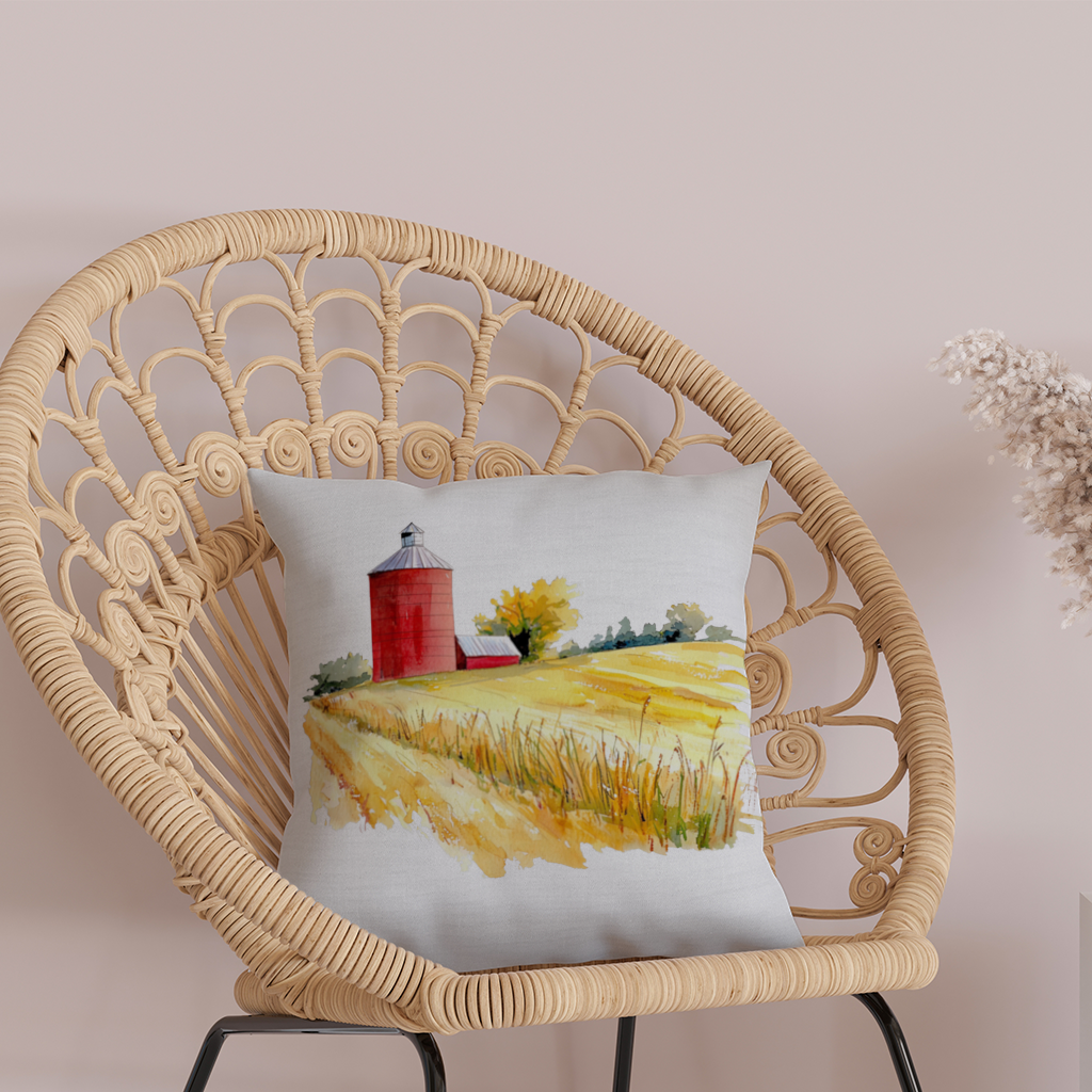 Kırmızı Silo ve Altın Buğday Tarlası Dekoratif Kırlent Kılıfı