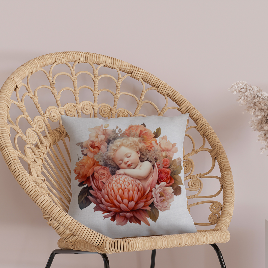 Çiçekler İçinde Uyuyan Masalsı Bebek Dekoratif Kırlent Kılıfı