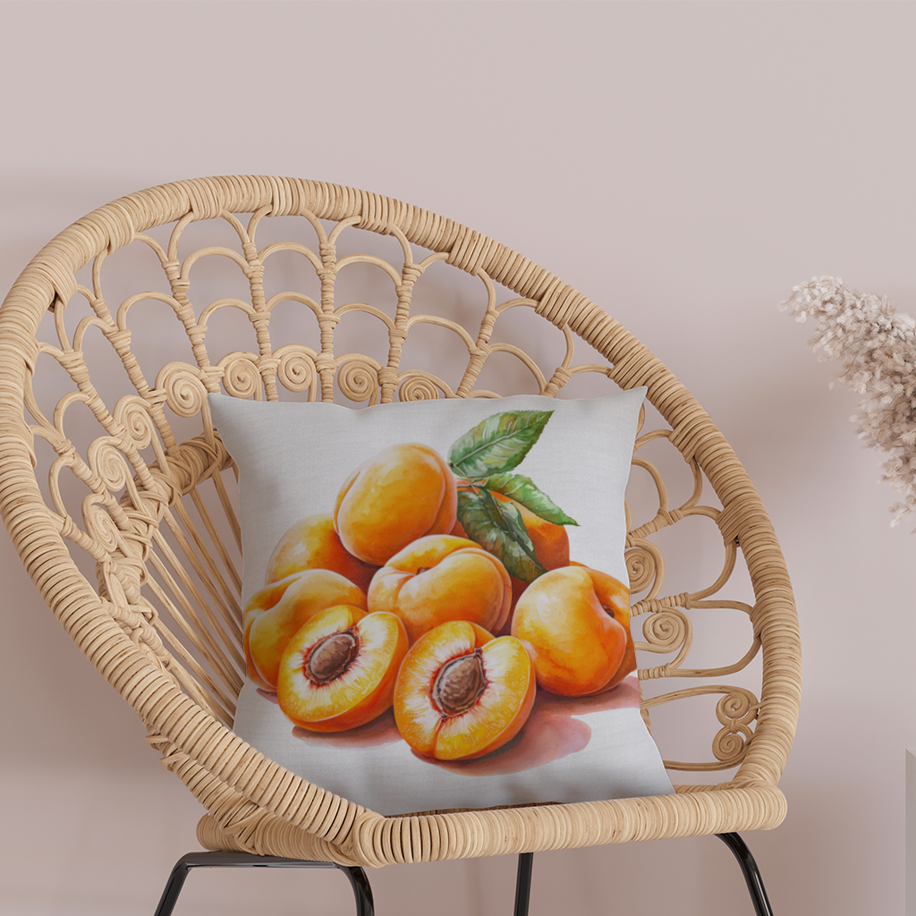 Sulu Boya Kayısı ve Yaprak Dekoratif Kırlent Kılıfı