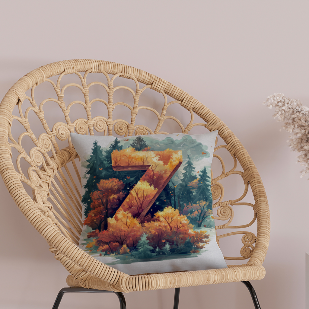 Sonbahar Yapraklı Orman Z Harfi Dekoratif Kırlent Kılıfı