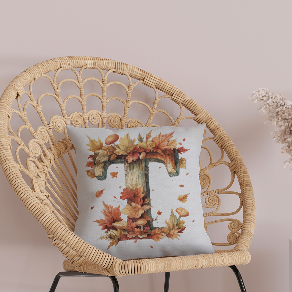 Sonbahar Yapraklı Odunsu T Harfi Dekoratif Kırlent Kılıfı