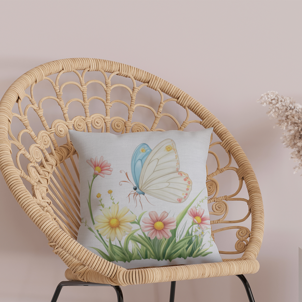 Pastel Kelebek ve Kır Çiçekleri Bahçesi Dekoratif Kırlent Kılıfı