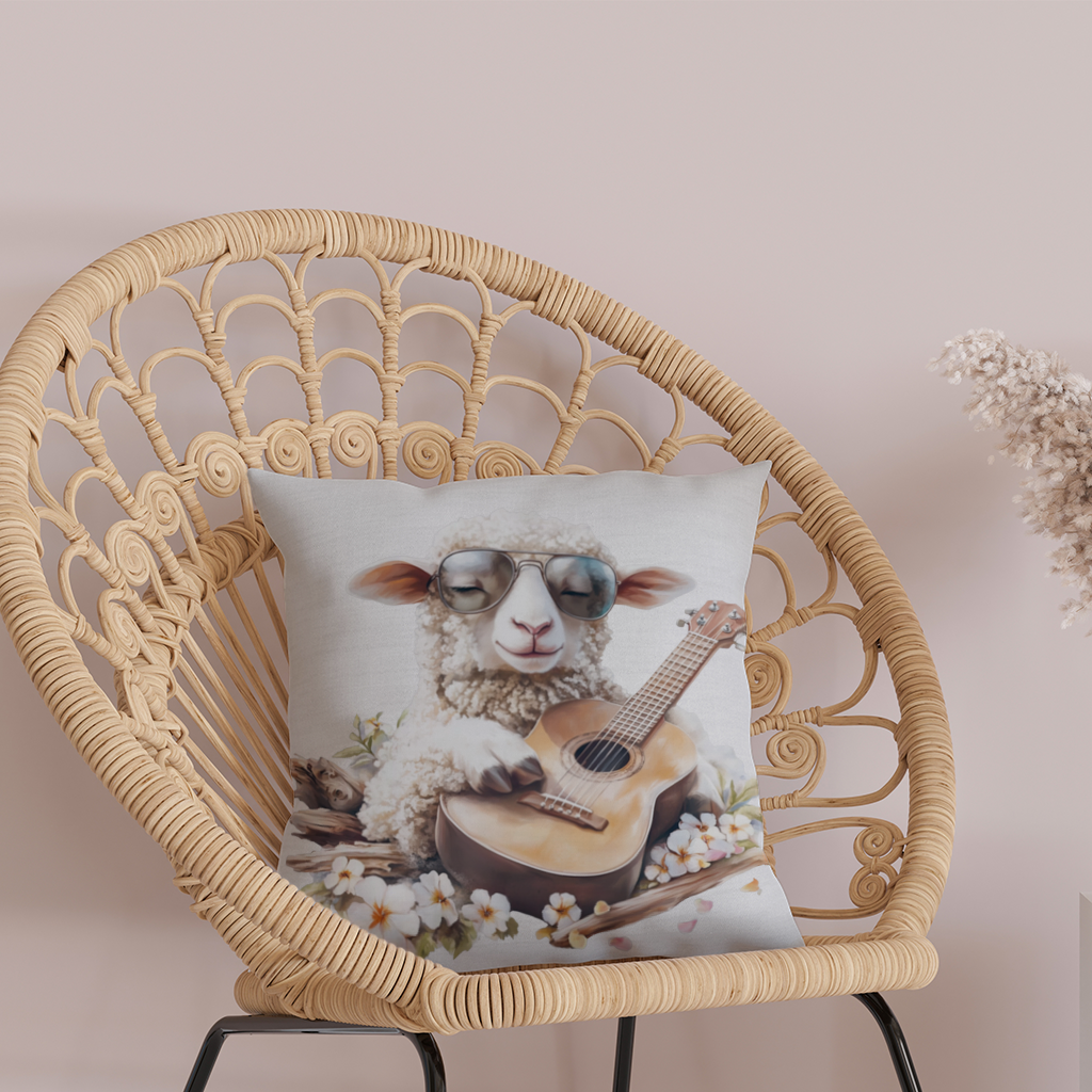 Ukulele Çalan Havalı Gözlüklü Koyun Dekoratif Kırlent Kılıfı