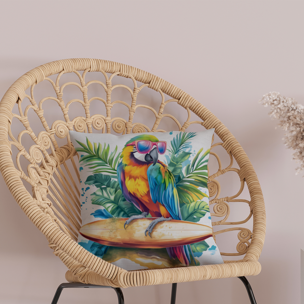Sörf Yapan Güneş Gözlüklü Papağan Dekoratif Kırlent Kılıfı