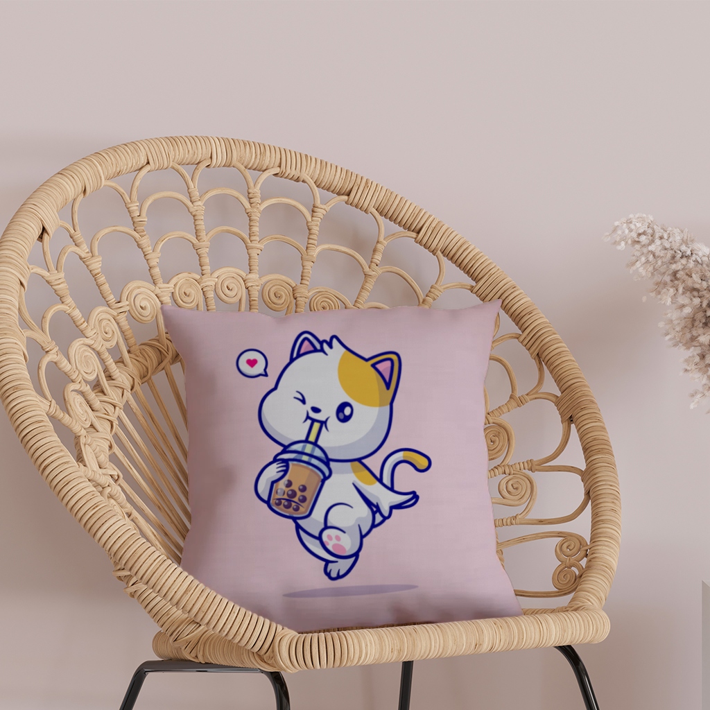 Boba Çayı İçen Kawaii Kedi Dekoratif Kırlent Kılıfı