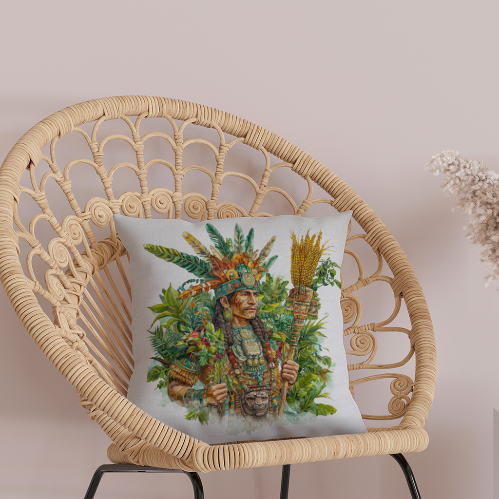 Maya Mısır Rahibi ve Tüylü Başlık Dekoratif Kırlent Kılıfı