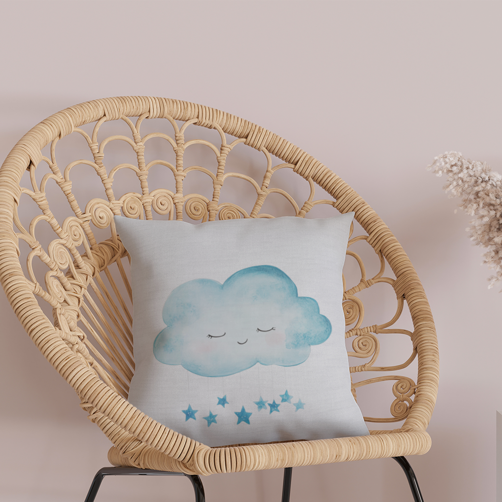 Mavi Uyuyan Bulut ve Sallanan Yıldızlar Dekoratif Kırlent Kılıfı