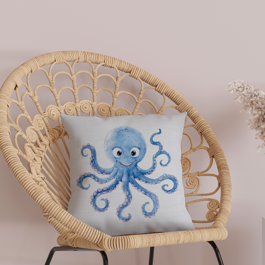 Sevimli Mavi Suluboya Ahtapot Dekoratif Kırlent Kılıfı
