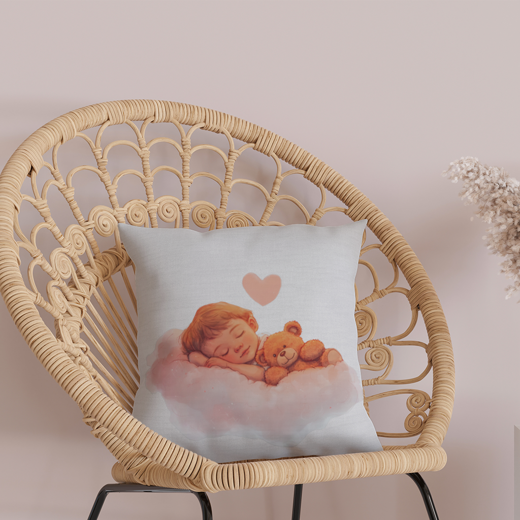 Bulut Üstünde Uyuyan Bebek ve Ayıcık Dekoratif Kırlent Kılıfı