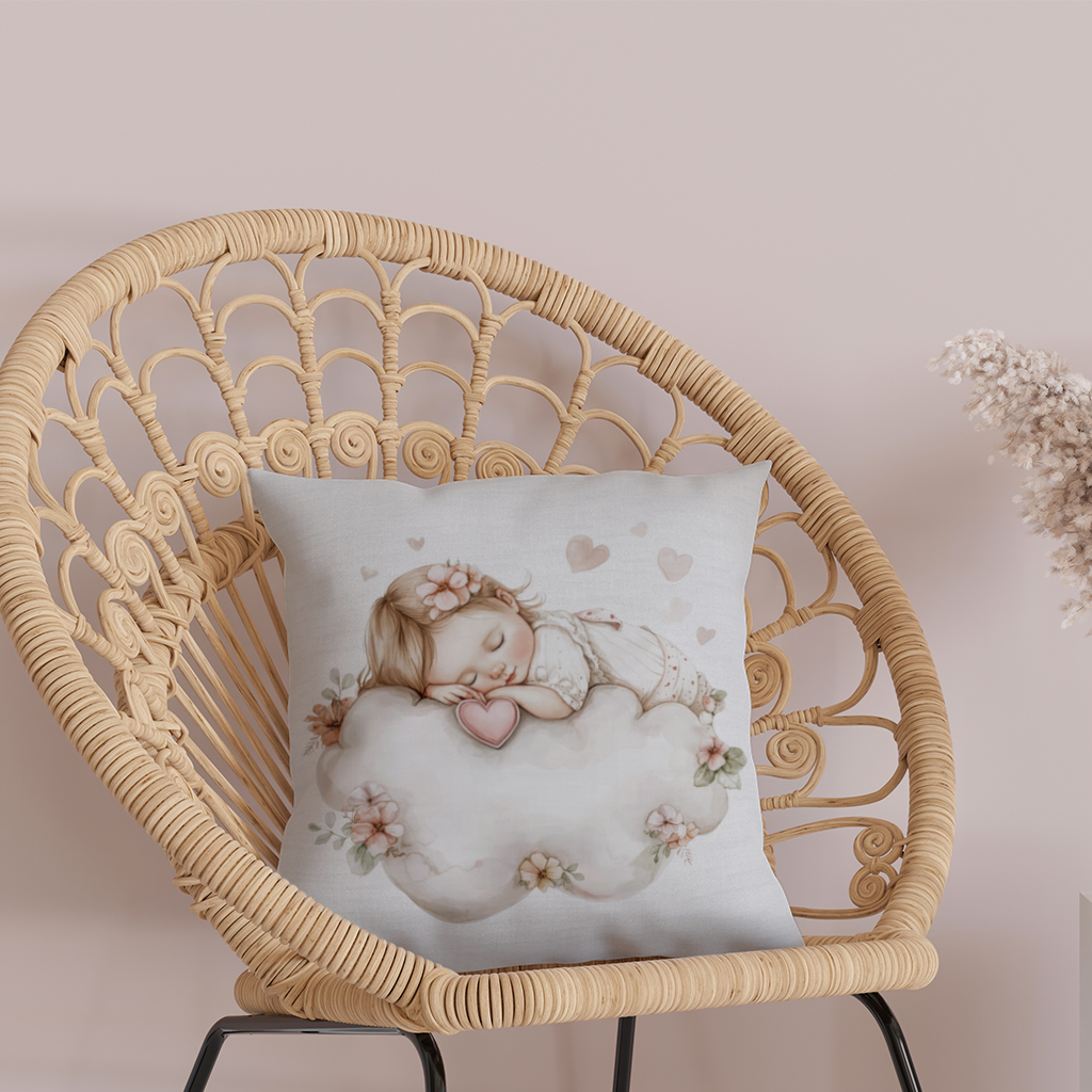Bulut Üstünde Uyuyan Çiçekli Bebek Dekoratif Kırlent Kılıfı
