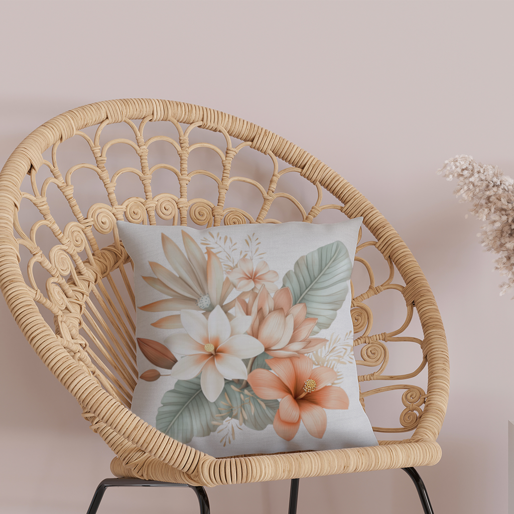 Şeftali Tonlu Tropikal Çiçek Buketi Dekoratif Kırlent Kılıfı