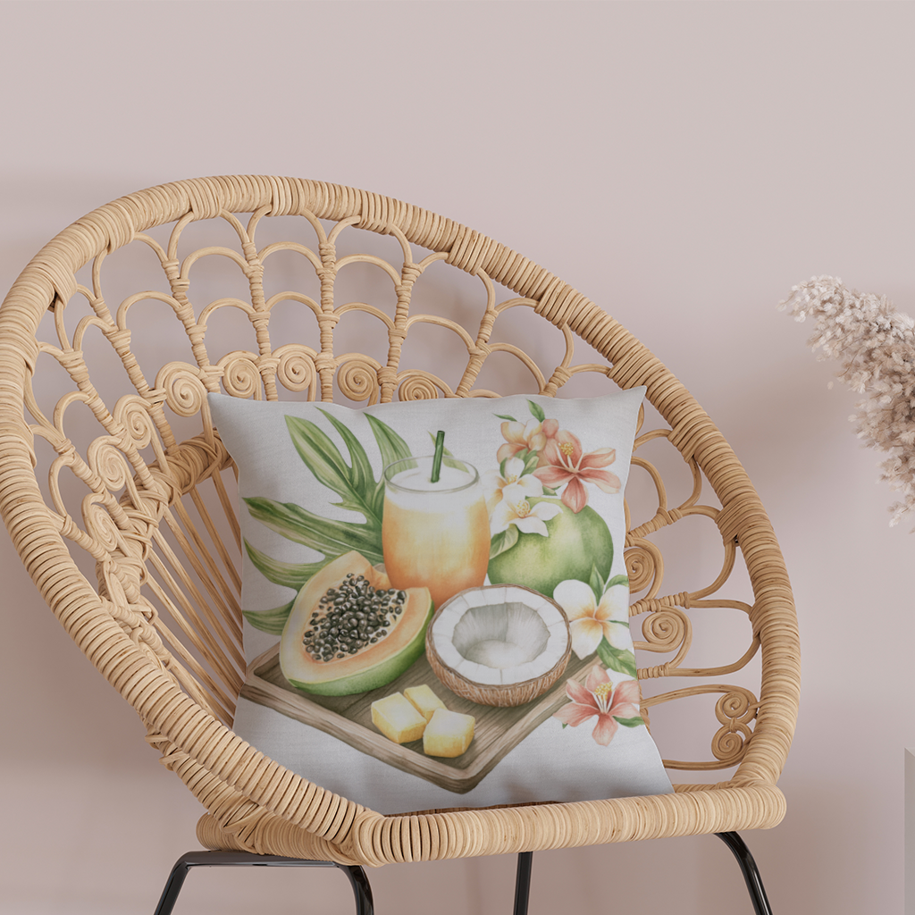 Tropikal Papaya ve Hindistan Cevizi Dekoratif Kırlent Kılıfı