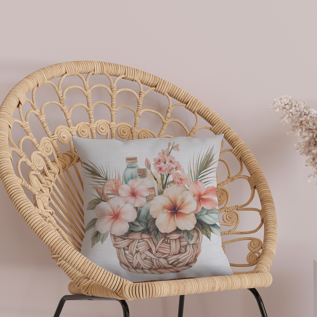 Tropikal Hibiskus Çiçekli Hasır Sepet Dekoratif Kırlent Kılıfı