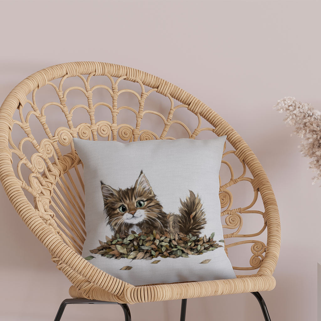 Cute Fluffy Kitten in Autumn Leaves Decorative pillow cover