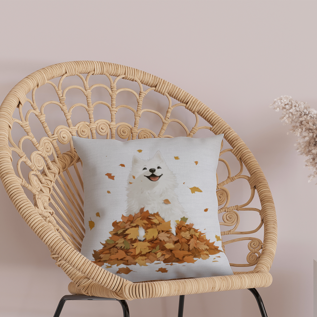 Happy White Dog in Autumn Leaves Decorative pillow cover